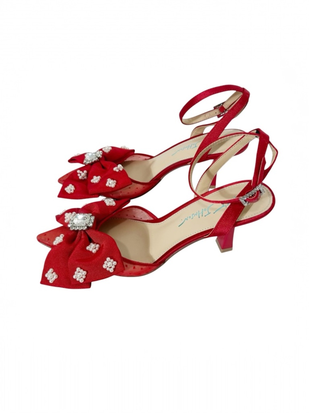 Betsey Johnson Mark Red Embellished Pearl Rhinestone Coquette Mesh Pumps Size 6 - Picture 2 of 8